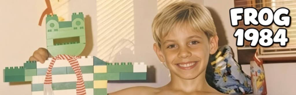 1984: Matt Furie standing beside The Lego Frog